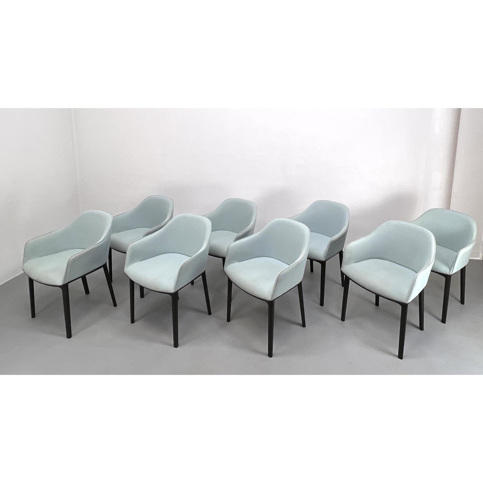 Set 8 VITRA by GEPRUFTE SICHERHEIT Dining Chairs. Pale blue upholstery on black frames and legs. LGA: Set 8 VITRA by GEPRUFTE SICHERHEIT Dining Chairs. Pale blue upholstery on black frames and legs. LGA; VITRA Labels. Dimensions: H: 32 inches: W: 22 inches: D: 26.5 inches - Seat Height: 19 inches ---