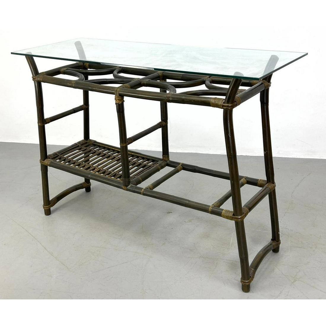 Dark Stained Wrapped Rattan Modern Bar Console Table. Glass Top. (1 of 12)