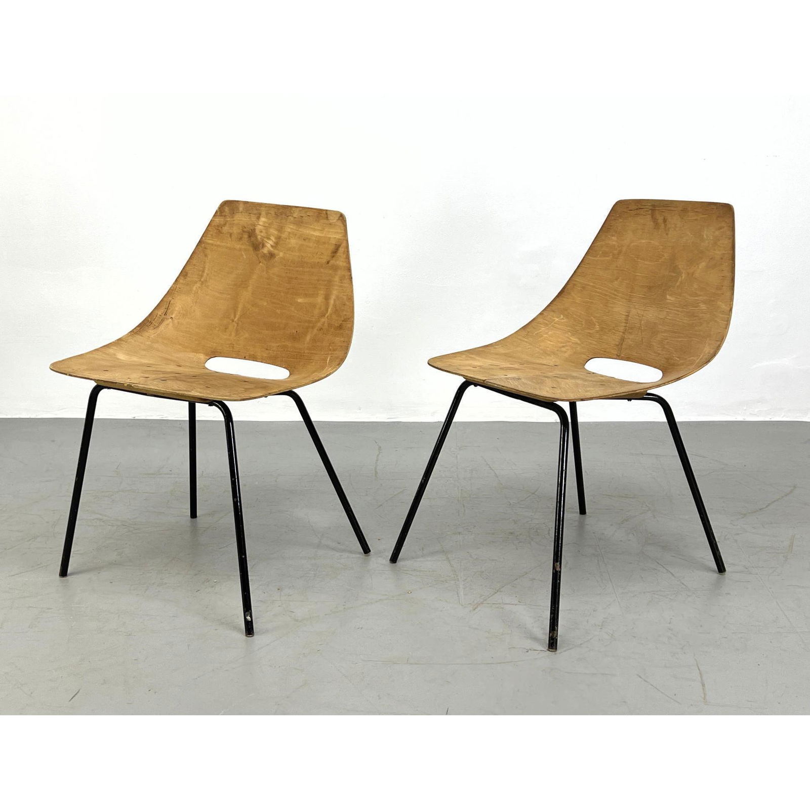 Pair PIERRE GUARICHE Tonneau Chairs. Molded wood.: Pair PIERRE GUARICHE Tonneau Chairs. Molded wood. Dimensions: H: 29.5 inches: W: 20 inches: D: 22 inches - Seat Height: 17.5 inches ---