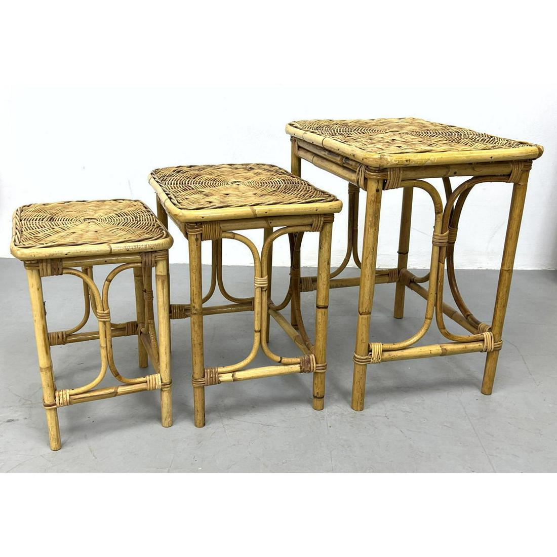 Set 3 Woven Rattan Nesting Side End Tables. Spiral design woven tops. (1 of 9)