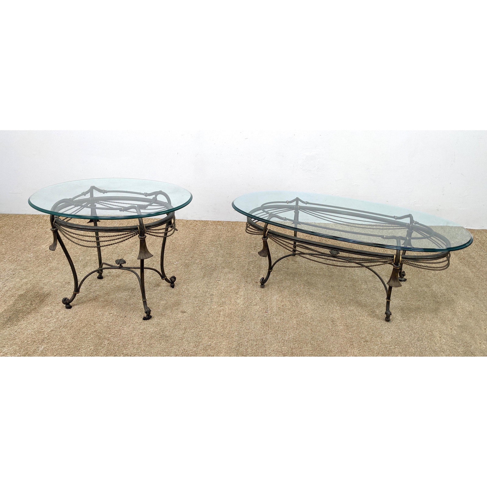 2pc Decorator Tables.   Rope and Tassel with glass tops. Each with metal drape and tassel trim detai (1 of 14)