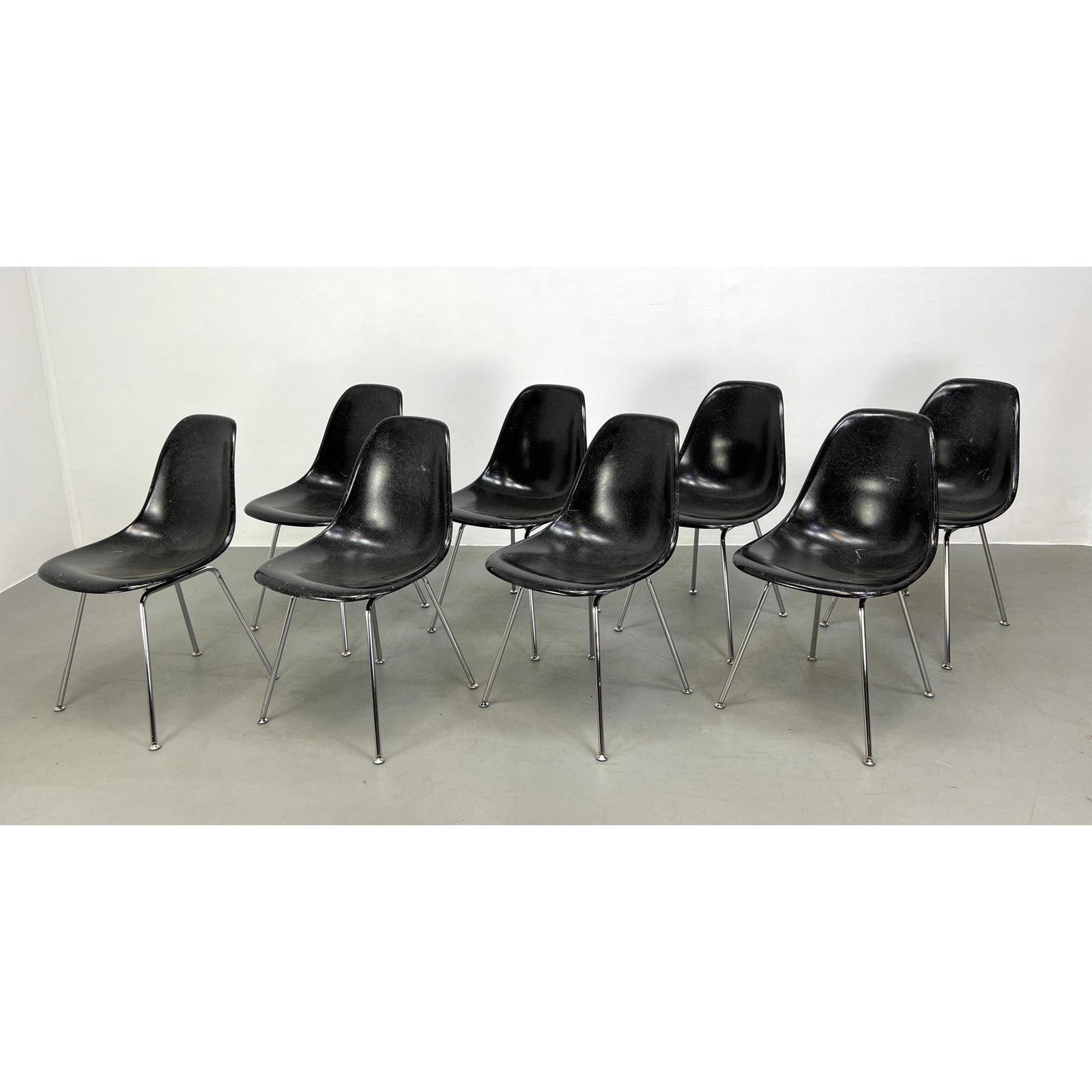Set of 8 Modernica Fiberglass Chairs. Herman Miller Shell Style.: Set of 8 Modernica Fiberglass Chairs. Herman Miller Shell Style. Dimensions: H: 32 inches: W: 18 inches: D: 21 inches - Seat Height: 17.5 inches ---