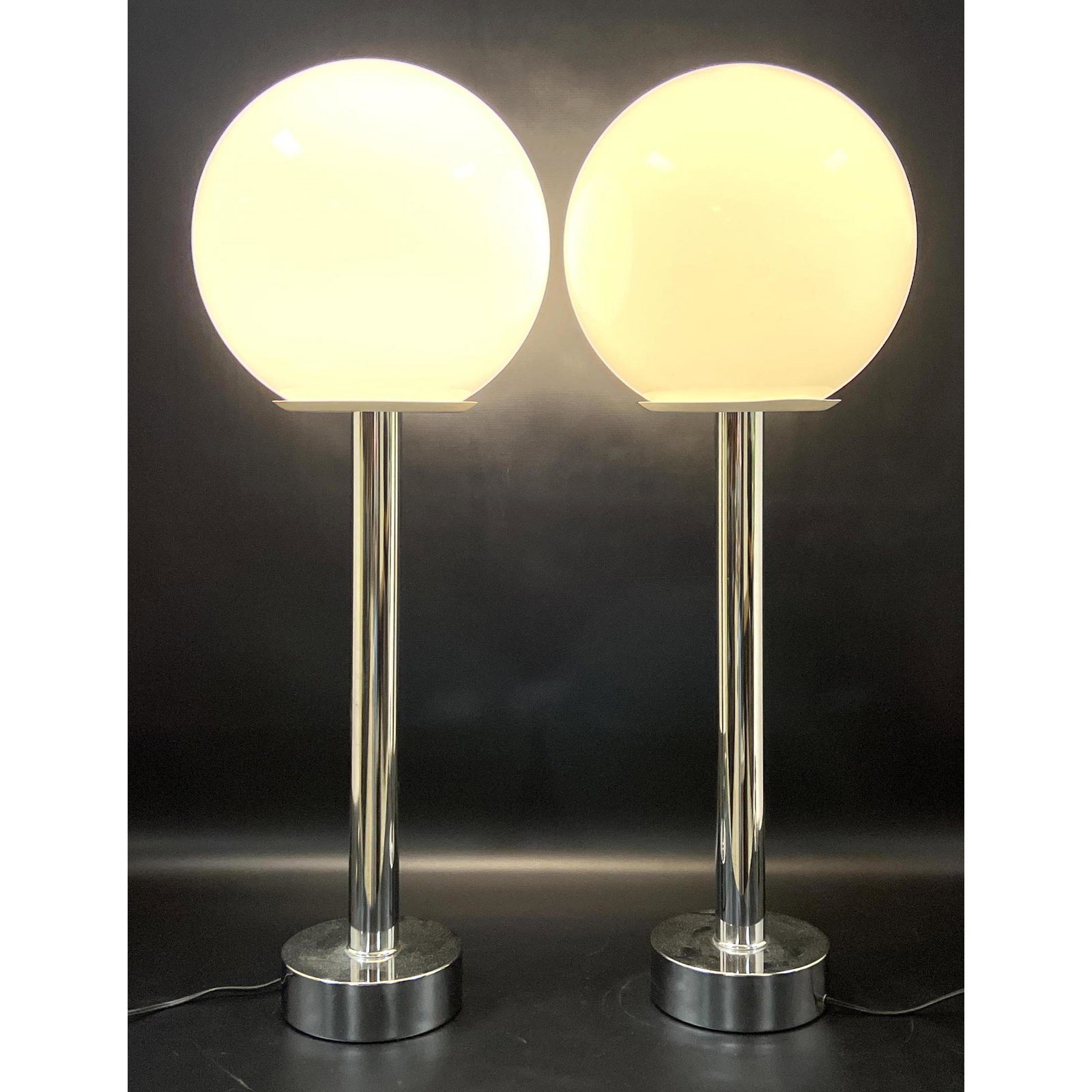 Pr Chrome Stem Mid Century Modern Table Lamps. Ball Shades (1 of 11)