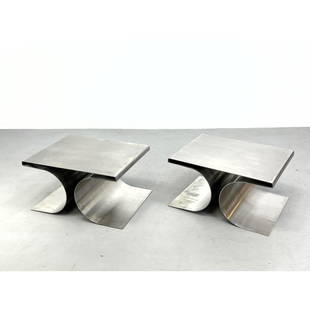 Pr Modernist Stainless Steel Side Table Stools. Corseted form. Contemporary in the style of MICHEL B: Pr Modernist Stainless Steel Side Table Stools. Corseted form. Contemporary in the style of MICHEL BOYER Dimensions: H: 14 inches: W: 25 inches: D: 19.5 inches ---