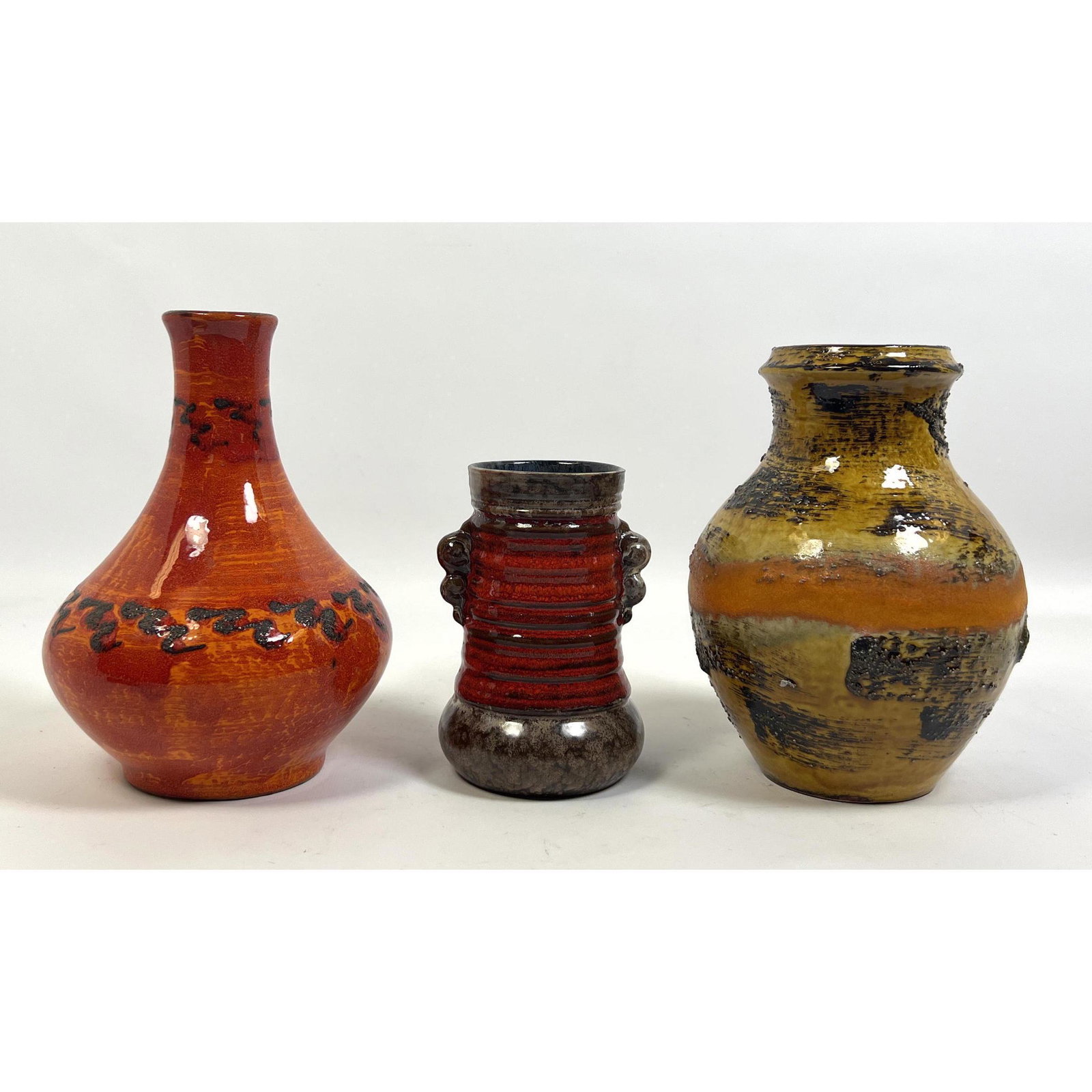 3pc WEST GERMAN Art Pottery Modernist Vases. Predominantly red, orange and gold glazes with darker h (1 of 14)