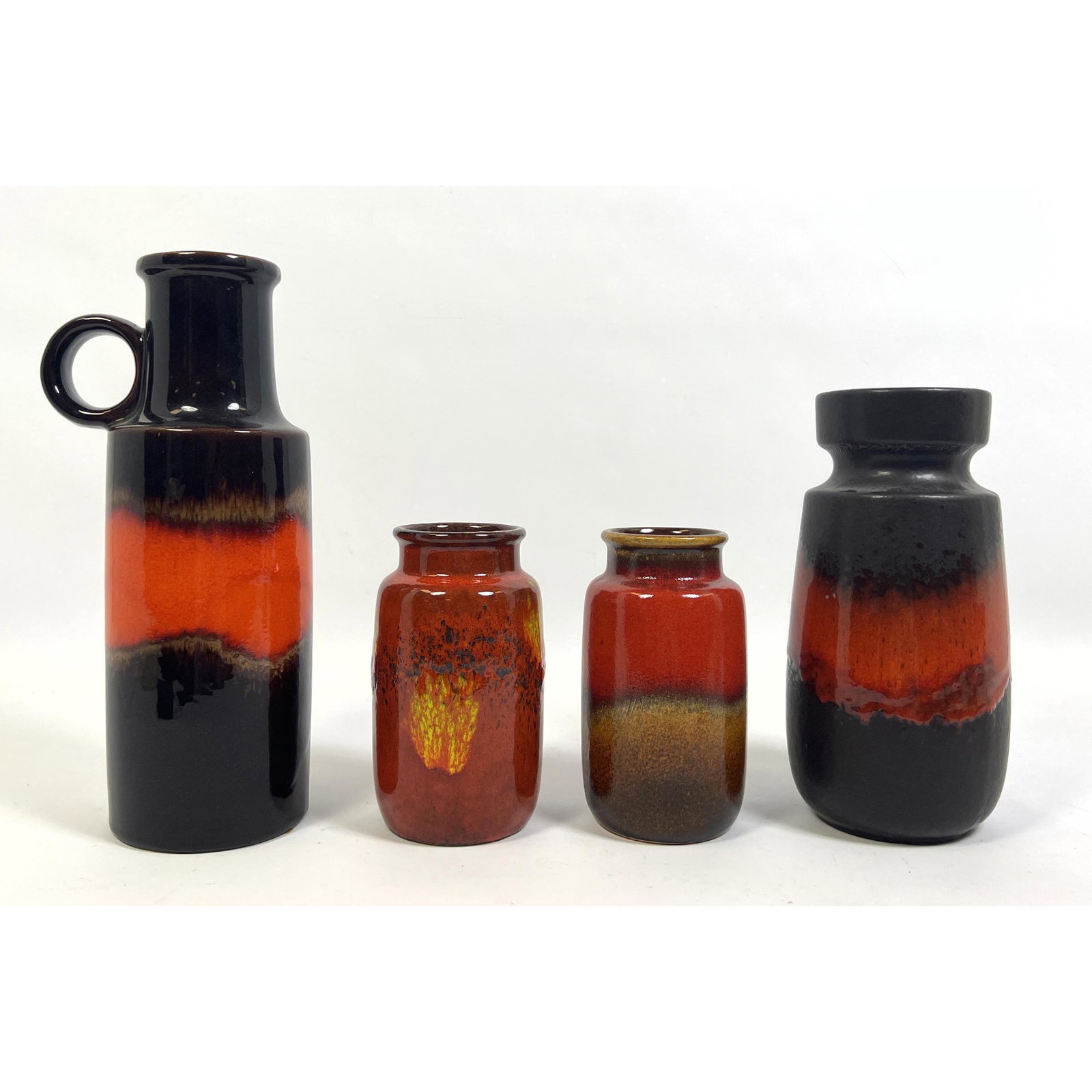 4pc WEST GERMAN Art Pottery Modernist Vases. Rich vivid red or orange glazes. Marked. One with SCHEU (1 of 16)