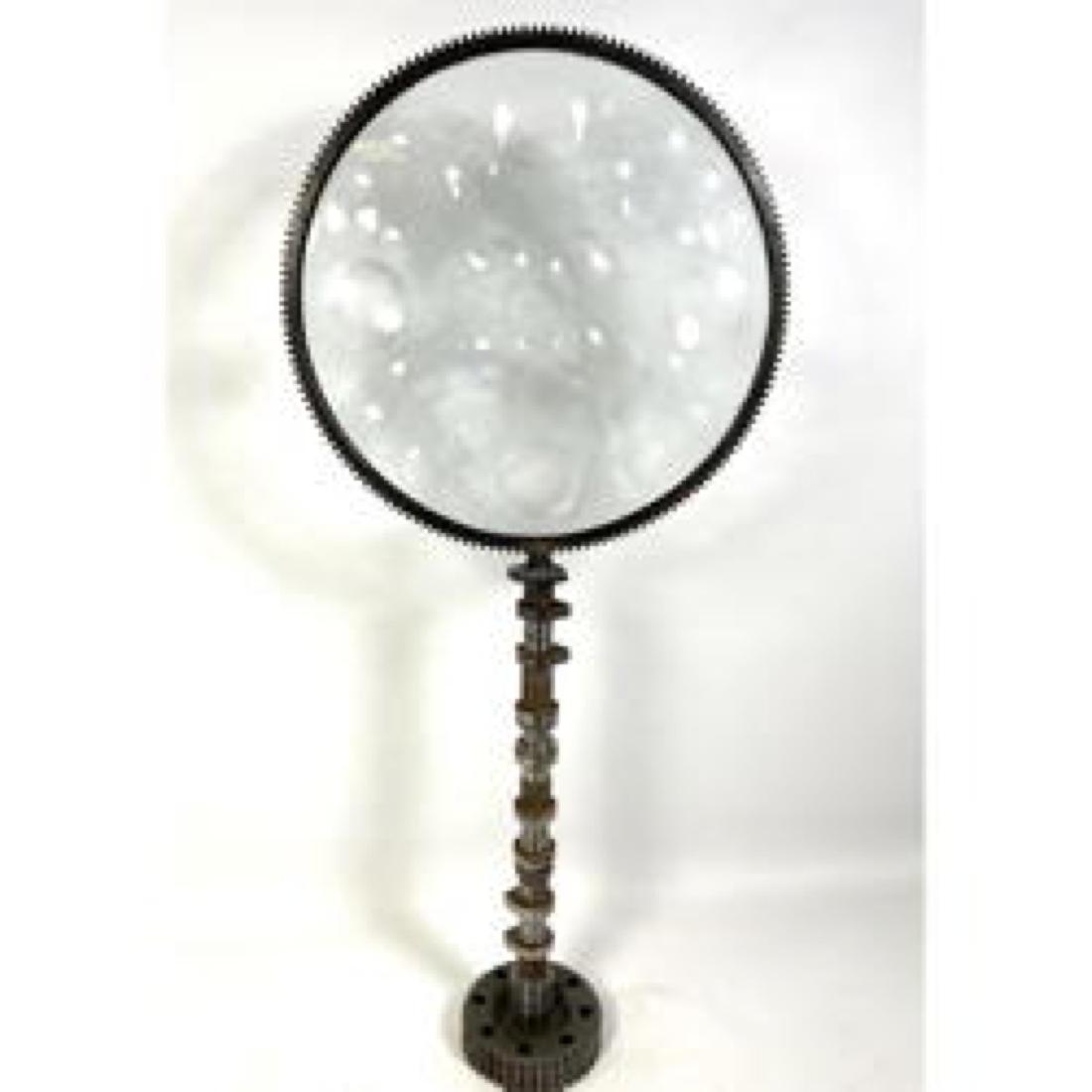 Industrial Glass Panel Magiscope Modernist Sculpture. Dimpled round glass panel in metal cog frame. (1 of 7)
