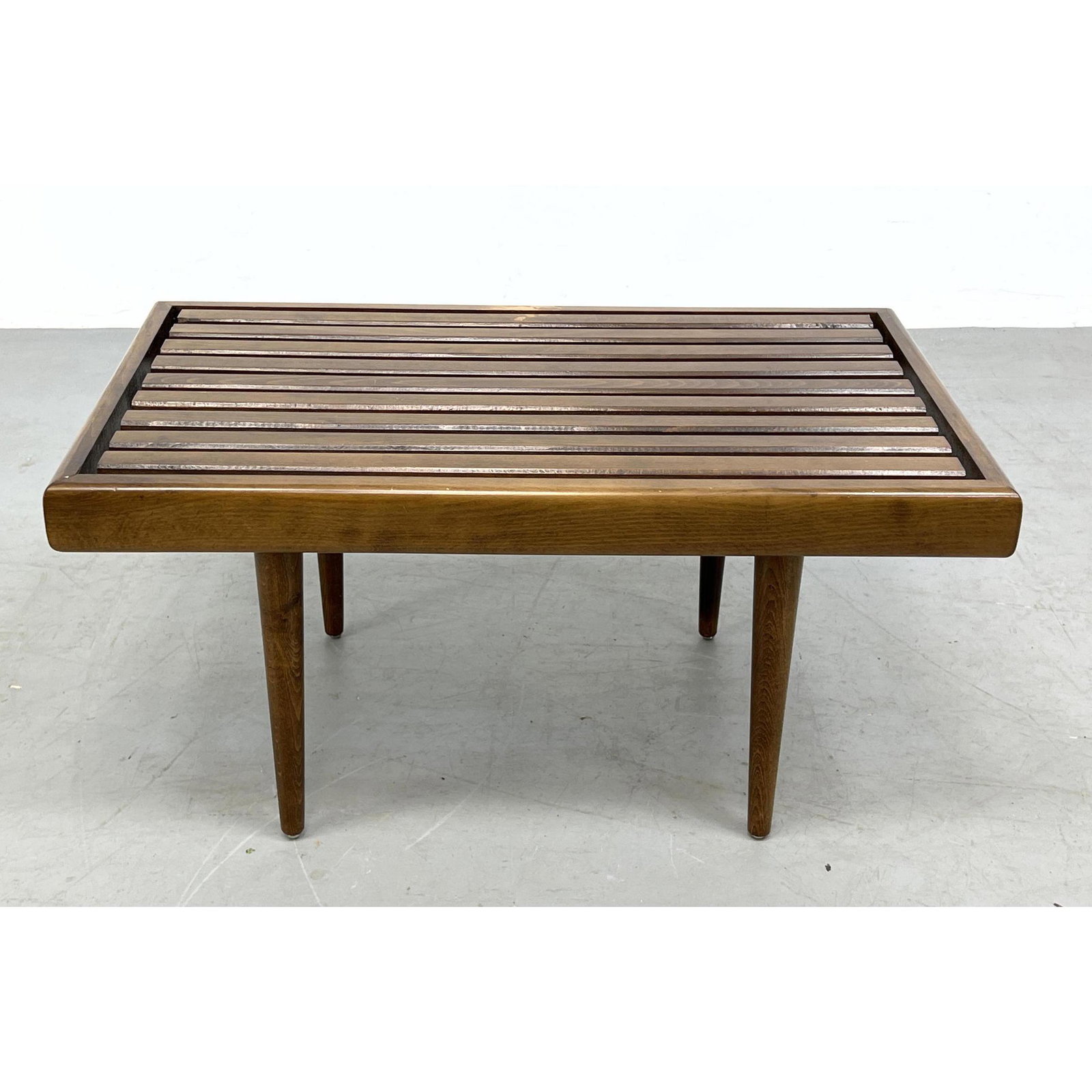 Small Slat Bench Coffee Table. Modernist peg legs. (1 of 10)