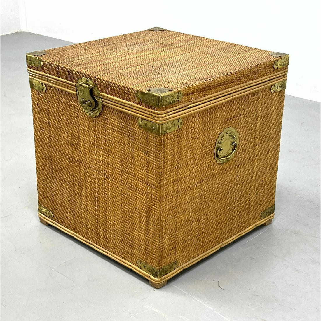 Wicker Asian Campaign Style Square Trunk Table. Brass corners. (1 of 11)