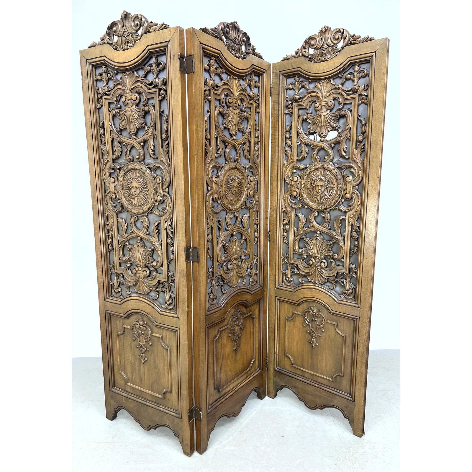 Intricately Carved 3 Panel Folding Dressing screen Room Divider. Versace Style Face Carving. (1 of 16)