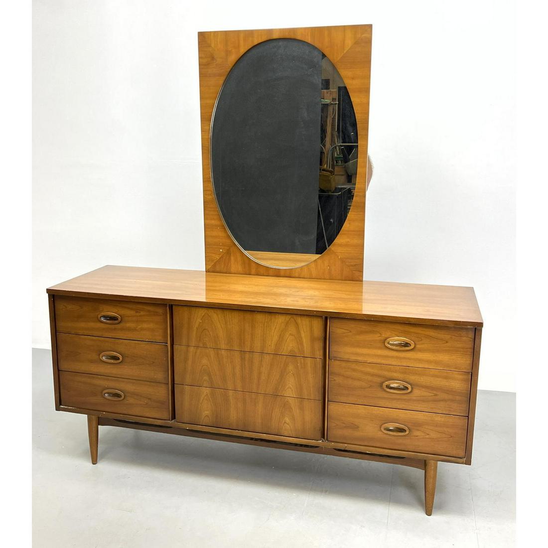 2pc American Modern Walnut Dresser and Mirror. Raised on legs. (1 of 12)