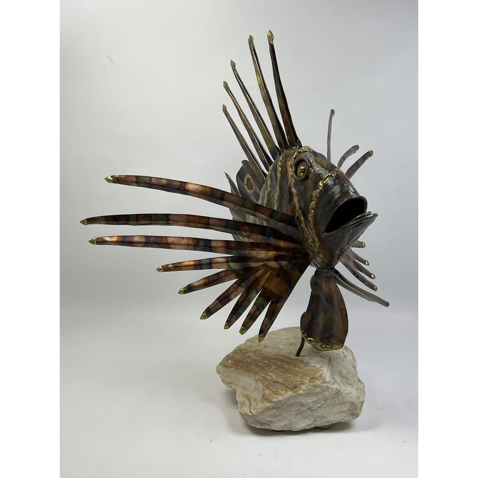 Artist Signed Mixed Metal Lion fish sculpture on stone base.  (signed) (1 of 18)