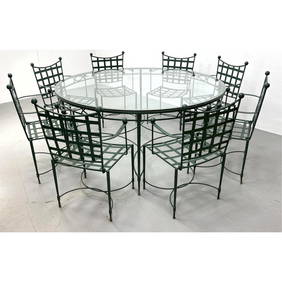 Rare Woven Design. 9pc MARIO PAPPERZINI for SALTERINI Iron Patio Furniture. Large Round Table with 8 (1 of 13)