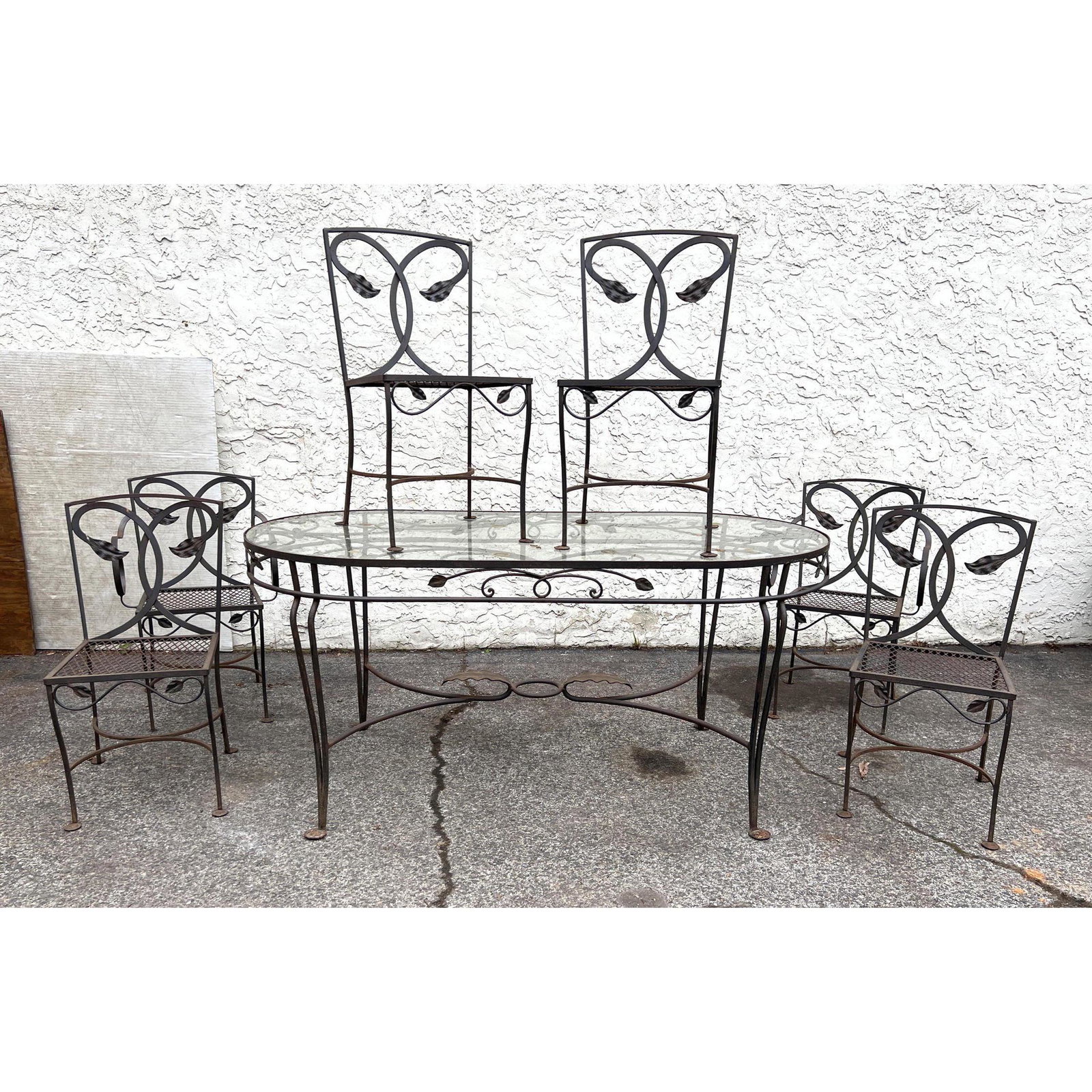 Wrought Iron Dining Patio Set.  Curved Hammered Leaf Design. Oval Table. (1 of 9)