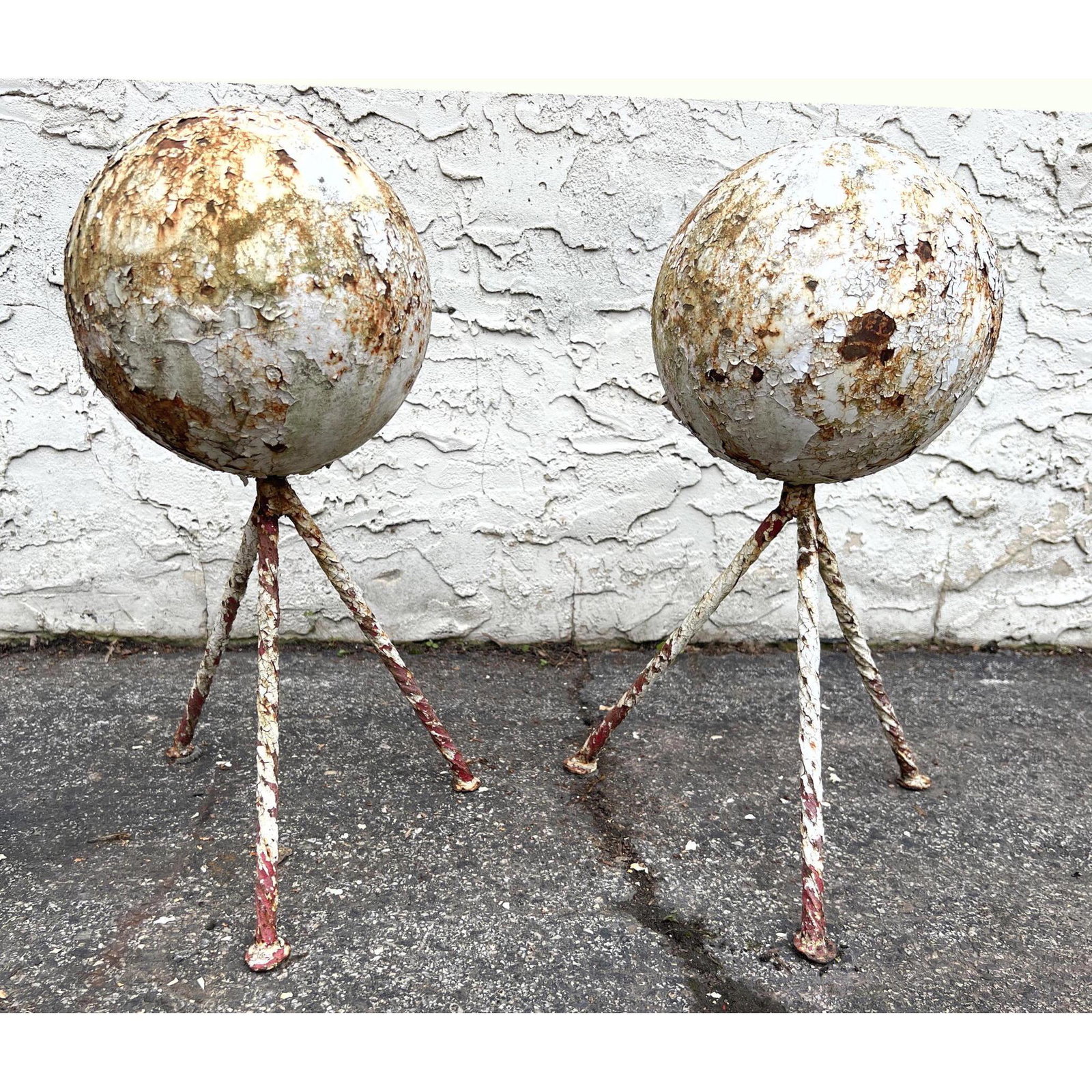 Pair of Cannonballs on Twisted Iron Tripod Bases.  Garden sculptures. Heavy. (1 of 5)