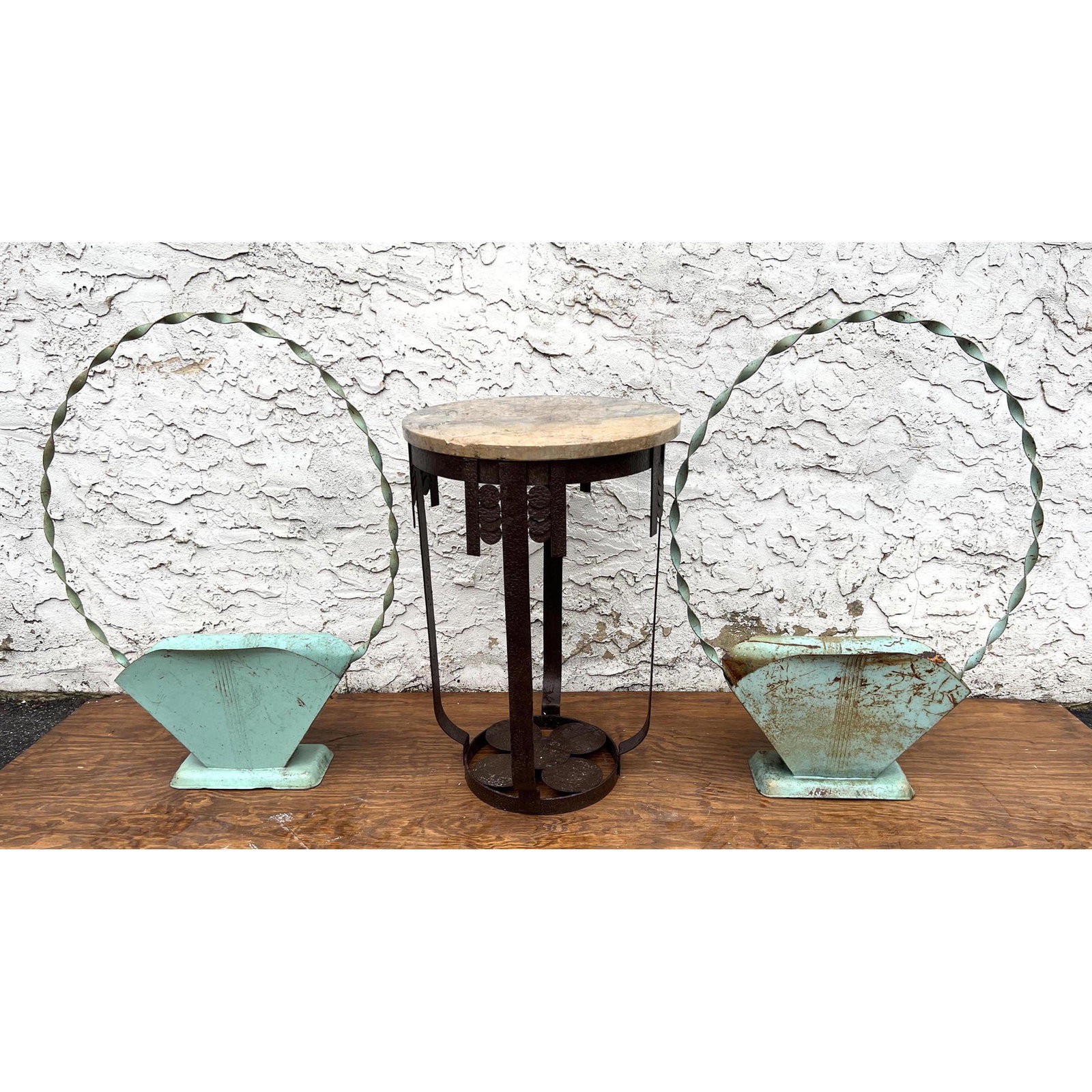 3pc Lot.  Art Deco Style Table and 2 Basket Planters. (1 of 7)