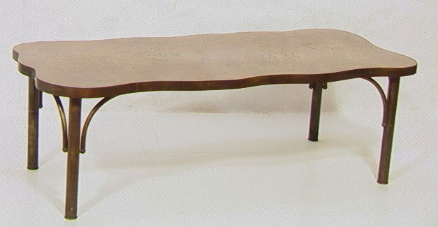 PHILIP KELVIN LAVERNE Bronze Cocktail Table. Coff: PHILIP KELVIN LAVERNE Bronze Cocktail Table. Coffee Table with Freeform Top with Classical Etched Design. Asian Style Bronze Legs. Signed in top. -- Dimensions: H: 17 inches: D: 23 inches: L: 54 inche