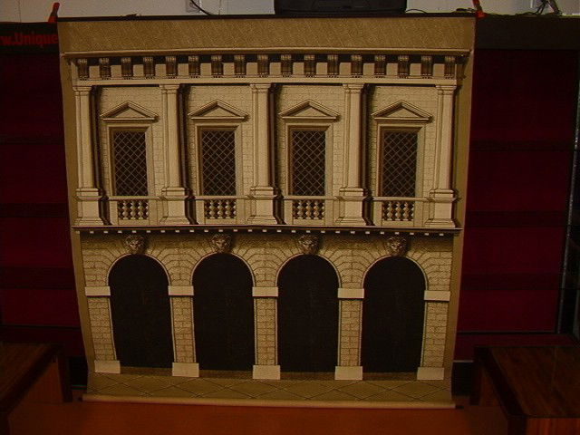 Architectural Image Hanging Wall Tapestry. Striki: Architectural Image Hanging Wall Tapestry. Striking Black Image. Printed Paper mounted on Fabric Canvas. -- Dimensions: H: 88 inches: L: 83 inches --- Condition (General): Some cracking along Top. Rou