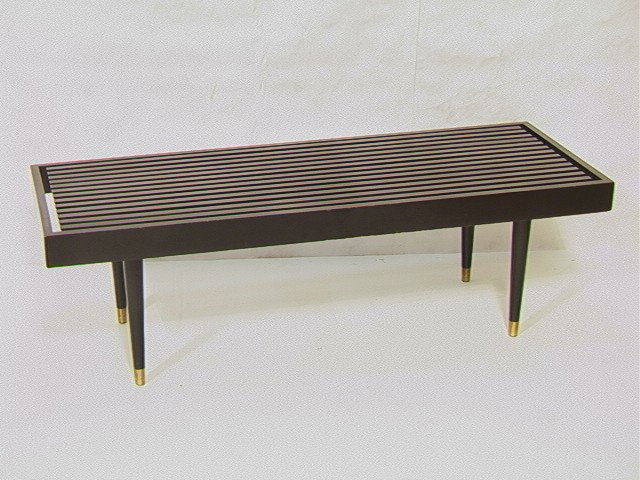 GEORGE NELSON style Black Slat Bench Table.: GEORGE NELSON style Black Slat Bench Table. Brass Caps to Legs.-- Dimensions: H: 15 inches: W: 48 inches: D: 18 inches --- Condition (General): Very Good Condition. Please contact us with specific que