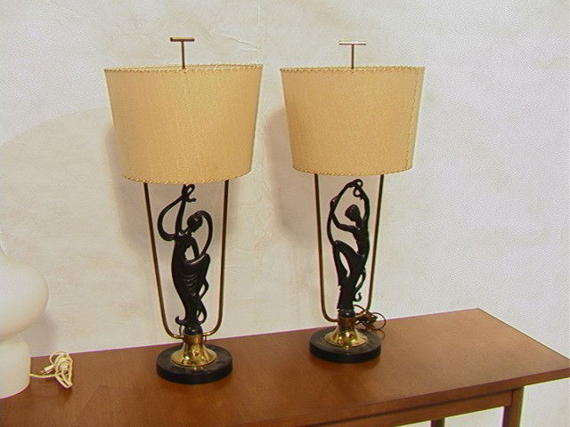 Pr Metal Art Deco Table Lamps. Metal Dancing Fig: Pr Metal Art Deco Table Lamps. Metal Dancing Figure. Neat Original shade and Finial. 2 PCS. -- Dimensions: H: 30 inches: W: 13.5 inches --- Condition (General): Very Good Condition. Couple scratches t