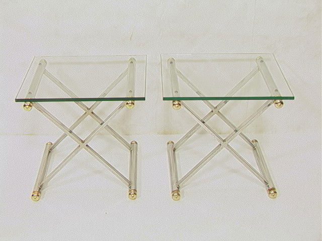 Pr REGENCY style Chrome and Brass Side tables. 1: Pr REGENCY style Chrome and Brass Side tables. 1/2" thick Glass Tops over X Stretcher Bases. MAISON JANSEN style. Unmarked. 2 PCS.-- Dimensions: H: 16 inches: W: 18 inches: D: 18 inches --- Condition