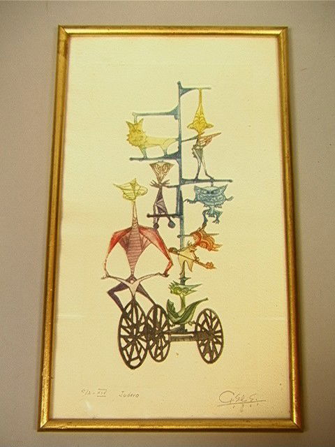 GUILLERMO SILVA Colored Embossed Etching Print. T: GUILLERMO SILVA Colored Embossed Etching Print. Titled: JUDERO. Acapulco Exhibition Tag. Mexican Artist. Signed & Dated.-- Dimensions: Image Size: H: 10.5 inches: W: 5 inches --- Condition (General):