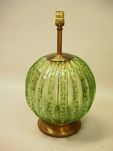 Large Bulbous BAROVIER Murano Art Glass Lamp. R: Large Bulbous BAROVIER Murano Art Glass Lamp. Ribbed Melon Design. Interior Gold Accents and Trapped Air Bubbles. Unmarked. Possibly Barovier.-- Dimensions: --- Condition (General): Very Good Conditio