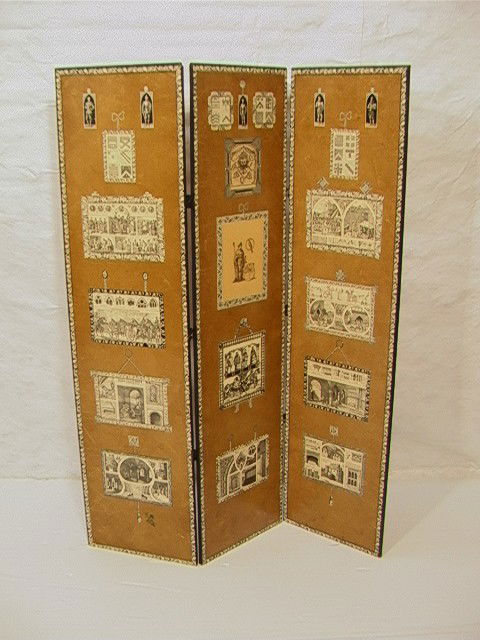 FORNASETTI Style 3 Panel Folding Screen. Decoupag: FORNASETTI Style 3 Panel Folding Screen. Decoupaged Paper Screen with scenes of Knights, Renaissance Ornaments & Banners. Graphics reminiscent of PIERO FORNASETTI, Italian. -- Dimensions: H: 72 inches