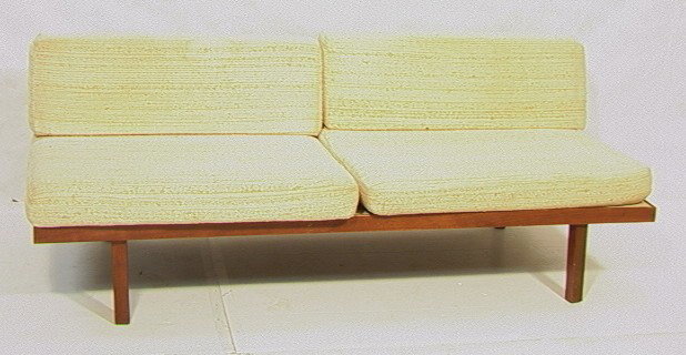Teak Danish Modern Daybed Sofa Couch. Four Loose: Teak Danish Modern Daybed Sofa Couch. Four Loose Cushions. -- Dimensions: H: 29 inches: D: 34 inches: L: 74 inches --- Condition (General): Fraying to fabric. Water stains to legs. Stains and rip to d