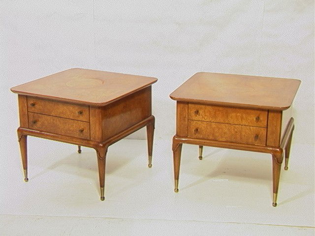 Pr Decorator Burl Wood End Tables. Brass Ball Cap: Pr Decorator Burl Wood End Tables. Brass Ball Cap Feet. Walnut Burl Top. Could be used as One Drawer Night Stands. Not marked. 2 PCS. -- Dimensions: H: 22 inches: W: 25 inches: D: 25.5 inches --- Cond