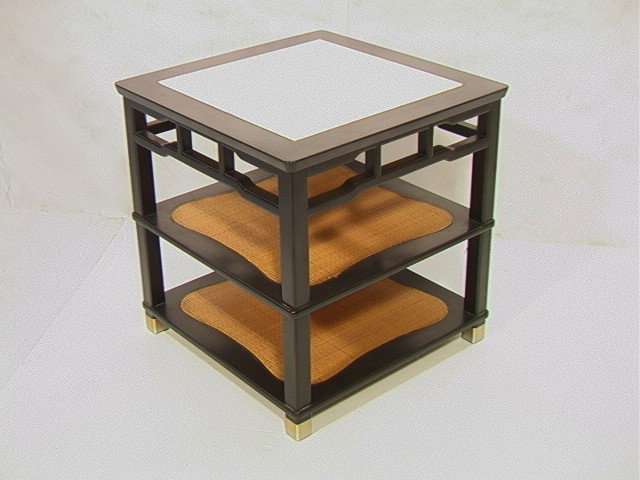 EDWARD WORMLEY for DUNBAR Asian Style Marble Top: EDWARD WORMLEY for DUNBAR Asian Style Marble Top Table. Two Shaped Woven Shelves. Ebonized Wood frame. Metal feet caps. Wormley attribution.-- Dimensions: H: 25.5 inches: W: 25 inches: D: 25 inches --