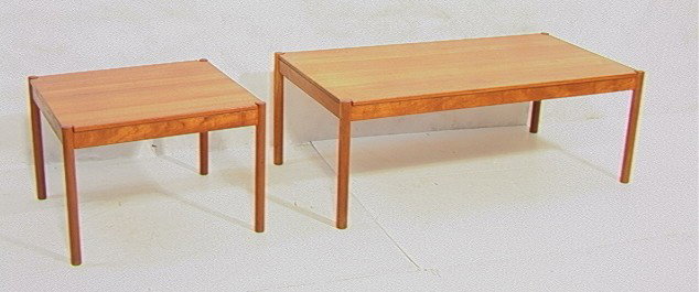 PR Danish Modern MAGNUS OLESEN Teak Coffee & End: PR Danish Modern MAGNUS OLESEN Teak Coffee & End Tables. Thick Teak Dowel Construction. Top lifts off. DURUP. DOMUS DANICA. Silver Foil Label Denmark. 2 PCS.-- Dimensions: H: 18 inches: D: 28 inches: