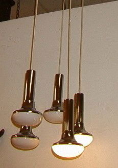 70's Modern Five Pendant Hanging Light Chandelier: 70's Modern Five Pendant Hanging Light Chandelier. HILLEBRAND Chrome and White Glass Shade Construction. Ceiling Mount with Chrome Rods.-- Dimensions: H: 48 inches: W: 16 inches: D: 16 inches --- Cond
