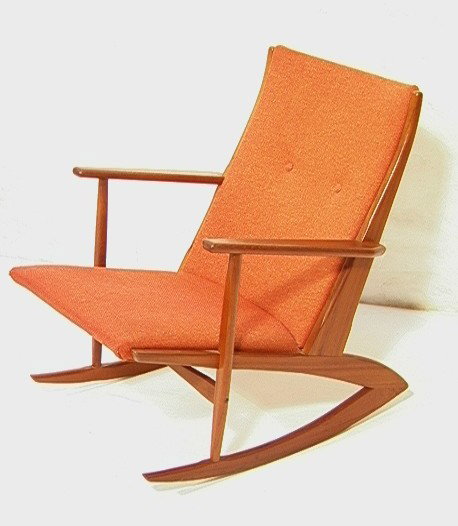 KUBIS by GEORG JENSEN Danish Modern Teak Rocker R: KUBIS by GEORG JENSEN Danish Modern Teak Rocker Rocking Chair. Orange Tweed Upholstery. Labeled. Model 97.-- Dimensions: H: 34 inches: W: 25 inches: D: 31 inches --- Condition (General): Small hole to
