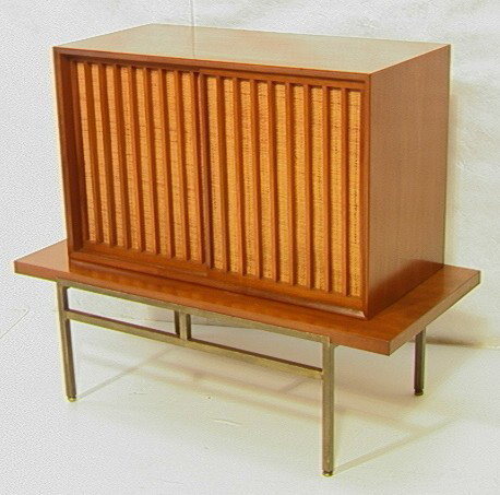 2 Pc Walnut American Modern Bench & Cabinet. HAR: 2 Pc Walnut American Modern Bench & Cabinet. HARVEY PROBBER Style. Woven Sliding Door Cabinet. Walnut Bench Table with Square Brass Tube Frame Base. Unmarked.-- Dimensions: H: 40 inches: D: 20.5 inche