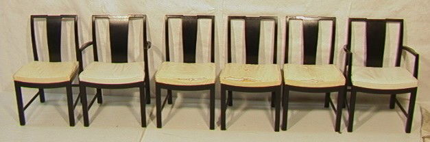 Set 6 Baker Style Asian Influenced Dining Chairs.: Set 6 Baker Style Asian Influenced Dining Chairs. Black Ebonized. 2 Arm & 4 Side.-- Dimensions: H: 33 inches: W: 23.25 inches: D: 21 inches --- Condition (General): Cushions need replacing. Losses to