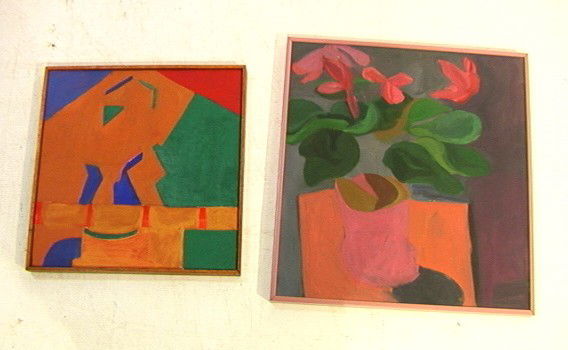 2 STUART EGNAL Oil Paintings. (1) Still Life with: 2 STUART EGNAL Oil Paintings. (1) Still Life with CYCLAMENS in purple, green & pink tones. Marked on Back: Stuart Egnal 1963. (2) abstract oil, unmarked. STUART M. EGNAL (Philadelphia Artist), 1940-19