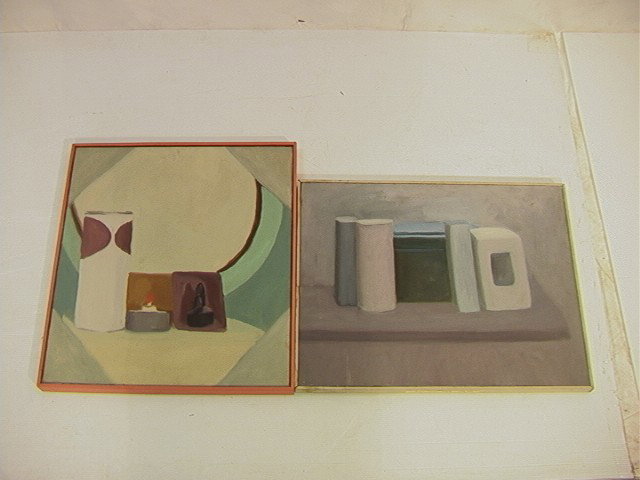 2 STUART EGNAL Oil Paintings. (1) Still Life of B: 2 STUART EGNAL Oil Paintings. (1) Still Life of Bottles. Marked on Back: Stuart Egnal 1963 #8. (2) Still Life of Blocks. Marked on Back: STUART EGNAL 1963 Star 24, Cat. #105. STUART M. EGNAL (Philadel