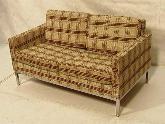 Chrome Craft Loveseat Sofa Even arm with Chrome F: Chrome Craft Loveseat Sofa Even arm with Chrome Frame. Florence Knoll Style. Chromecraft.-- Dimensions: H: 28 inches: W: 54 inches: D: 31 inches --- Condition (General): Broken straps under cushions. 