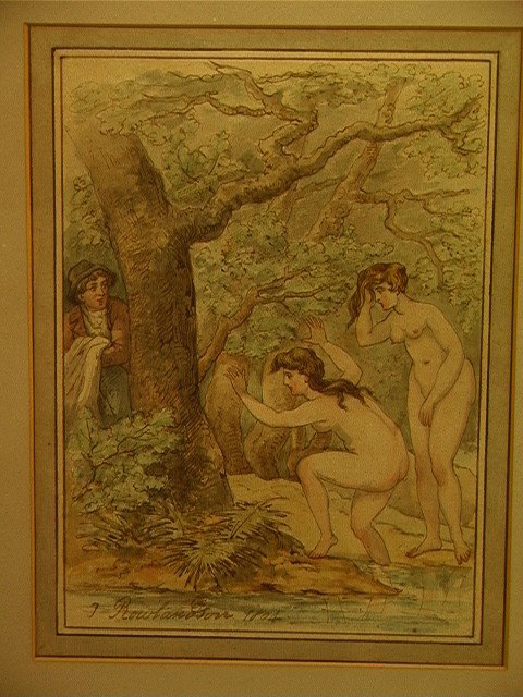 Thomas Rowlandson Watercolor of Nudes bathing. Si: Thomas Rowlandson Watercolor of Nudes bathing. Signed: T Rowlandson 1804. Framed under glass.-- Dimensions: H: 11 inches: W: 8 inches --- Condition (General): Good condition. Please contact us with sp