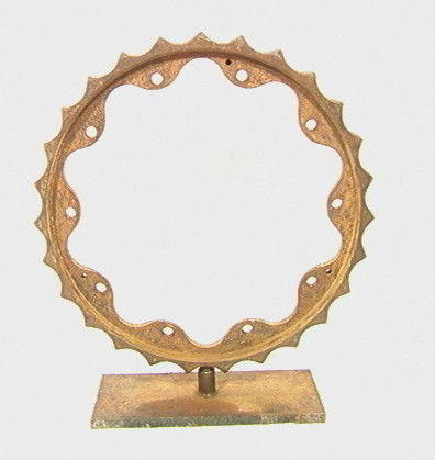 Mathias Goeritz Large Wheel Sculpture. Ribbed wh: Mathias Goeritz Large Wheel Sculpture. Ribbed wheel on flat steel base. Signed.-- Dimensions: H: 34.5 inches: W: 31 inches: D: 10.5 inches --- Condition (General): some rust Please contact us with spe
