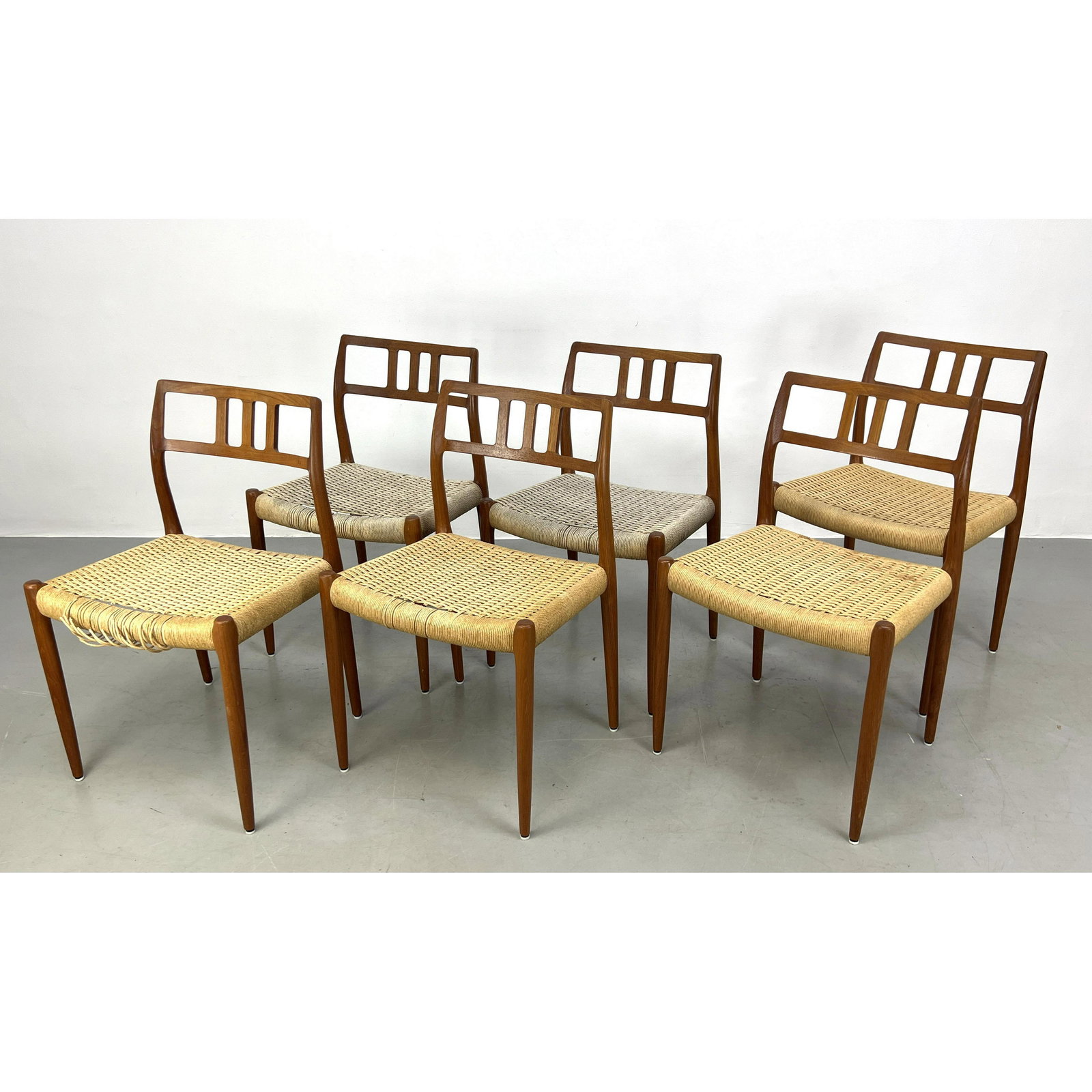 Set 6 J.L MOLLER Danish Modern Teak Dining Chairs. Three bar accent backrests. Woven Rush Seats. Bra (1 of 13)