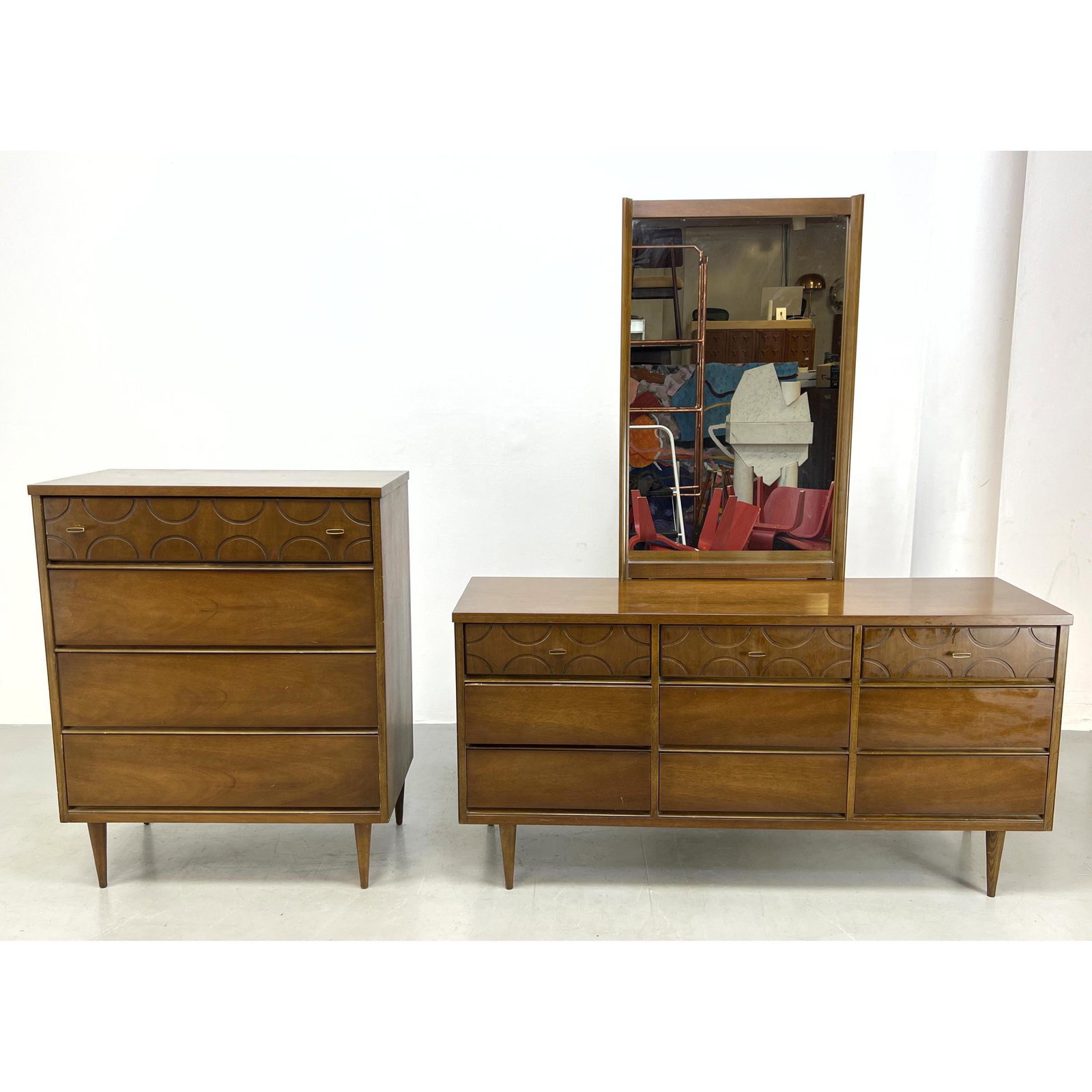 3pc BASSETT Walnut Bedroom Set. High, Low Dressers with Mirror. Semi Circle Design accents. Branded (1 of 12)