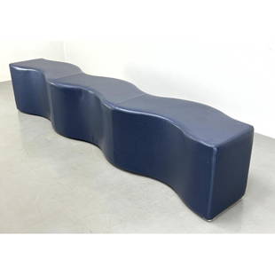 LAURINDA SPEAR Blue vinyl RIPPLE bench Brayton international. Labeled.: LAURINDA SPEAR Blue vinyl RIPPLE bench Brayton international. Labeled. Dimensions: H: 19 inches: W: 97 inches: D: 18 inches ---