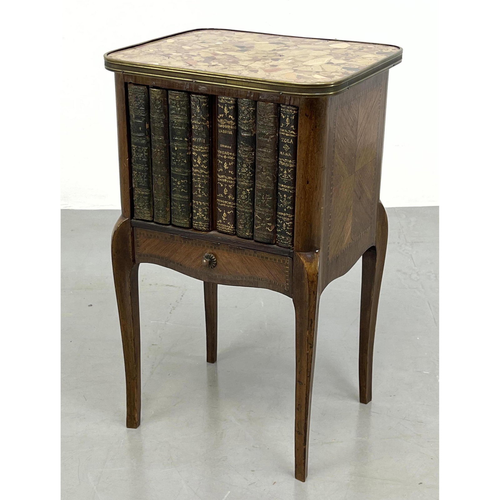French Marble Top Side Table. Faux Leather Bound Book Door Facade. Marked Made in France. (1 of 14)