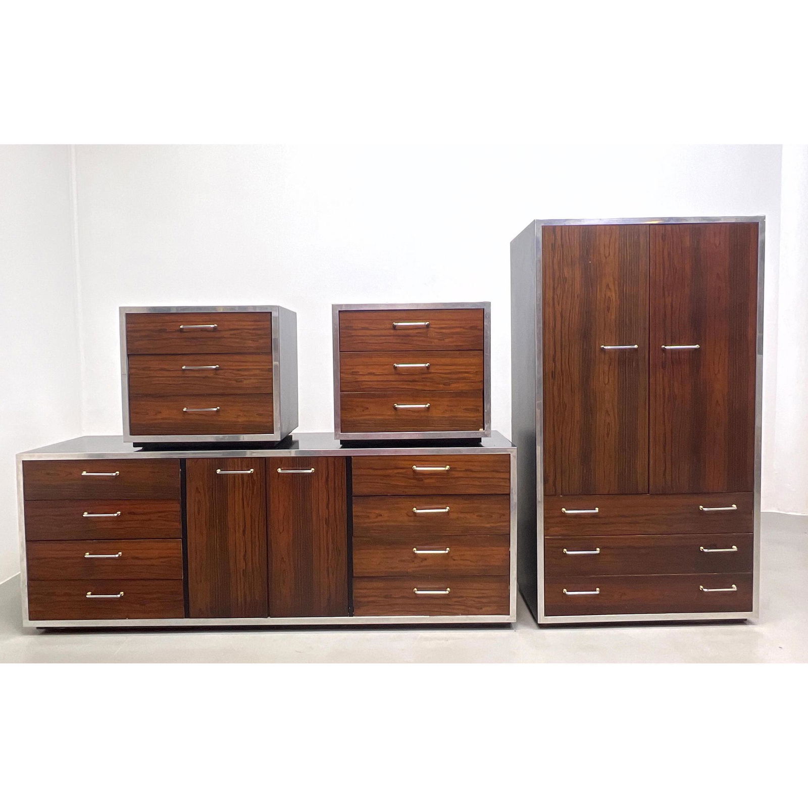 4pc Milo Baughman style bedroom set Rosewood, black with chrome trim. Low chest 27" 76" 18" (1 of 15)