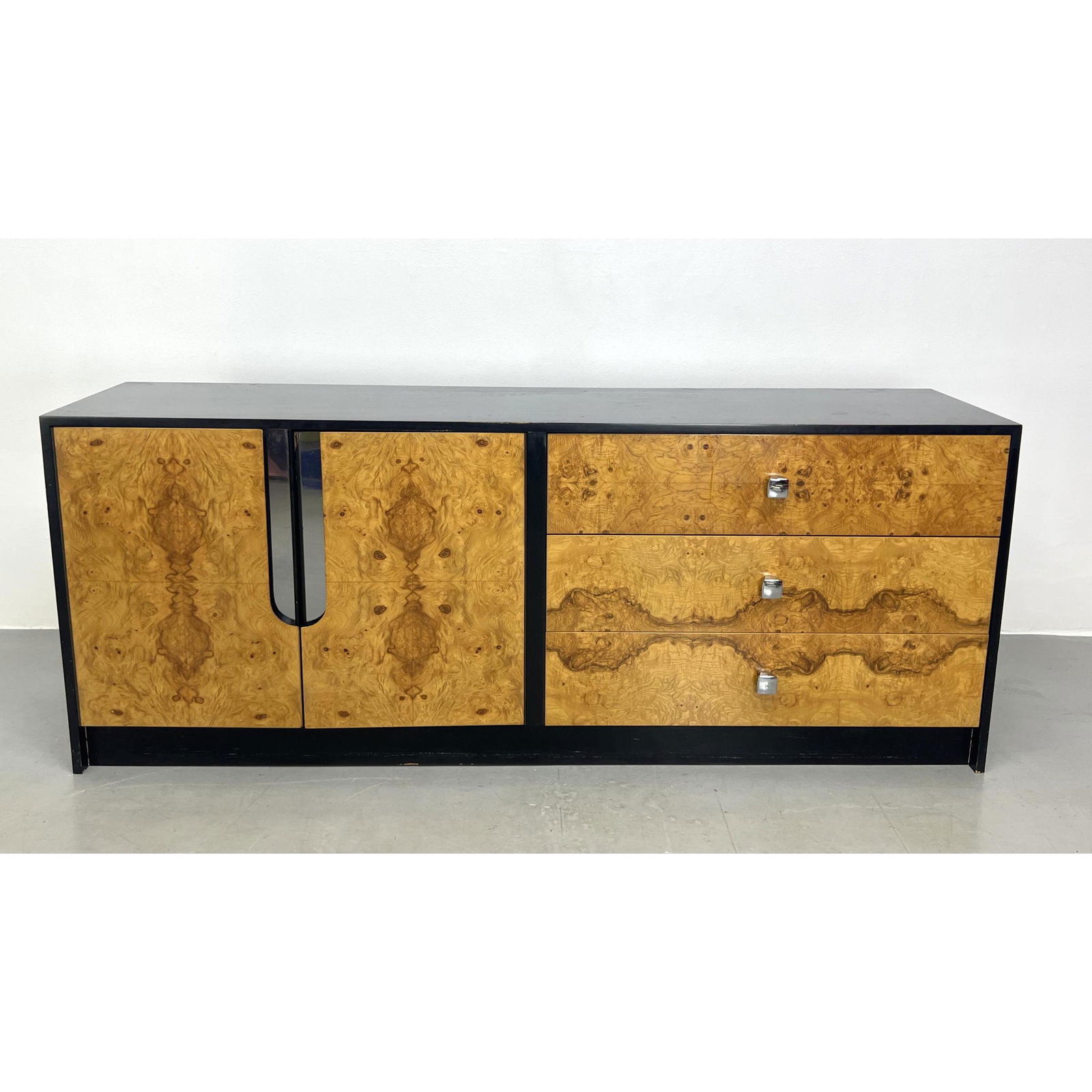 Milo Baughman Style Burl Wood 2 Cabinet Credenza. Ebonized Case
