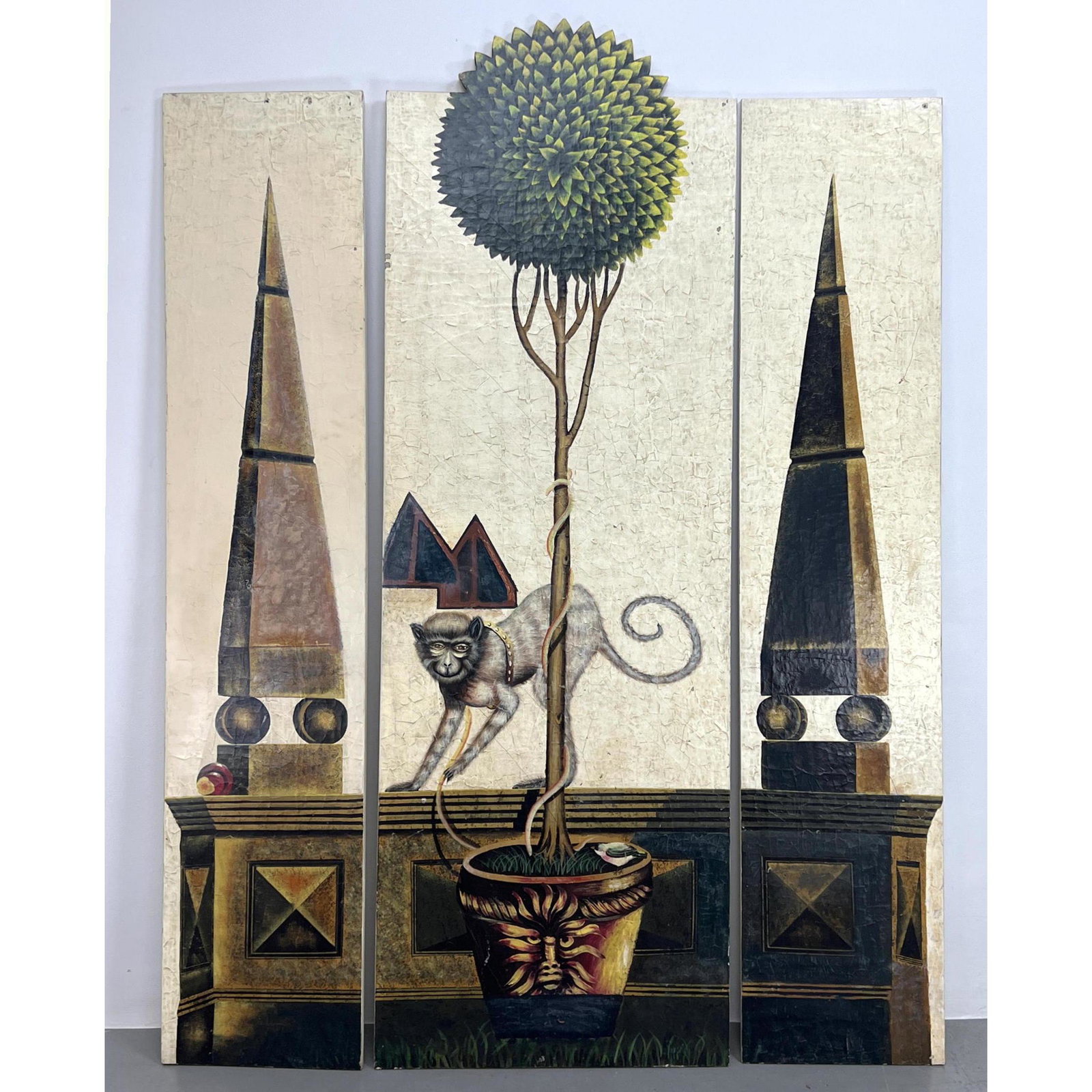 3 Panel Handpainted Trompe L'Oeil Screen Panels. Potted Tree with Monkey and Architectural Obelisks. (1 of 13)