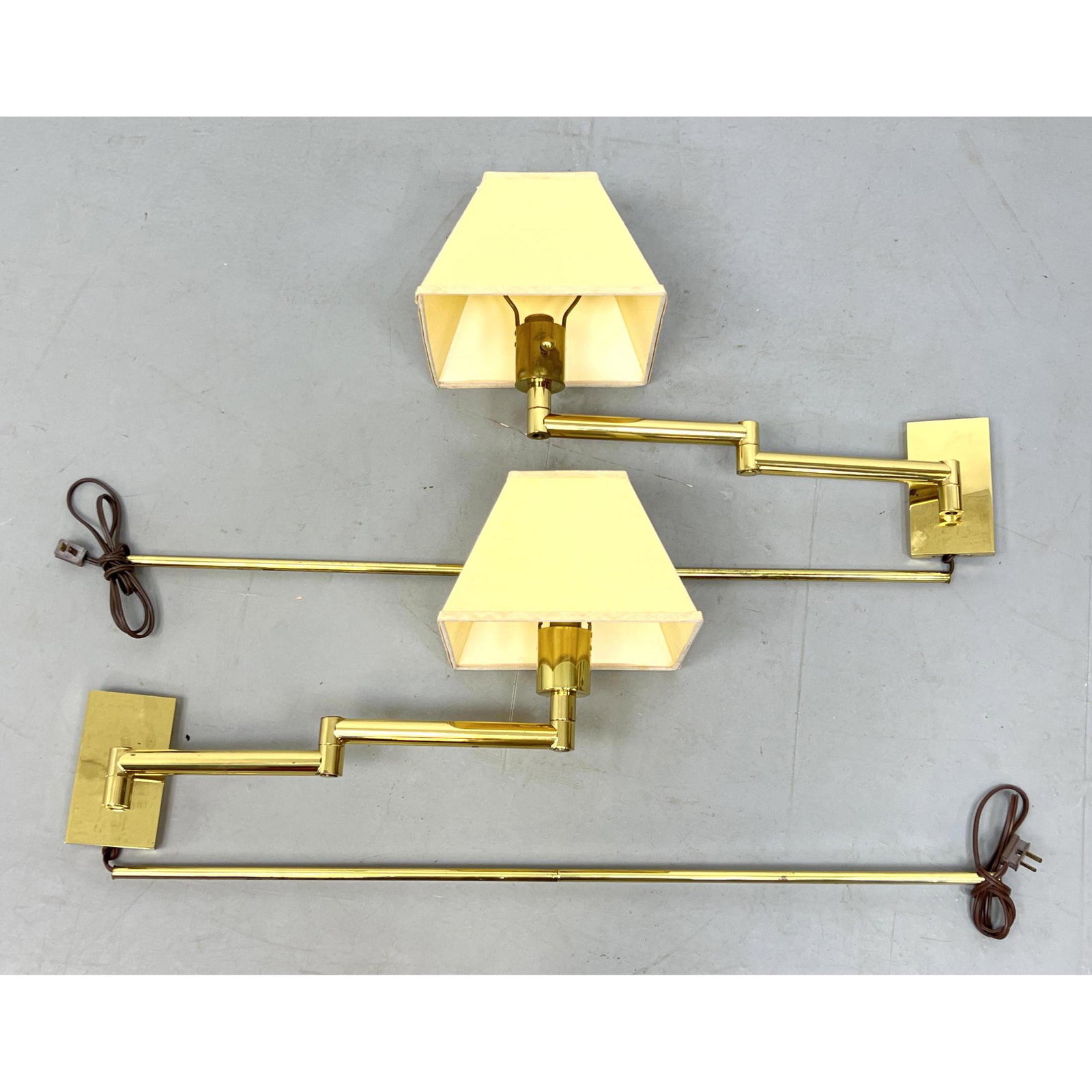 Pr 1976 CHAPMAN Brass Extension Arm Wall Sconces Lamps. Fabric shades. Foil label. (1 of 12)