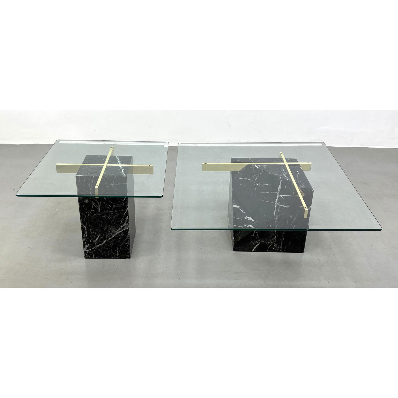 2pc ARTEDI post modern marble brass and glass cocktail table and end table. Smaller table 20.5" 26" (1 of 18)